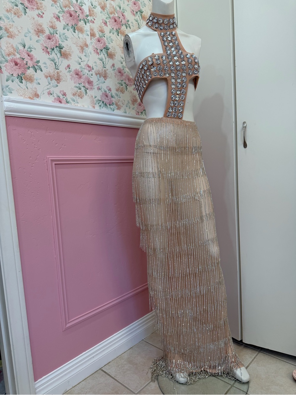 Some chains are missingEmbellished Nude Fringe Maxi Skirt - Elegant Evening Wear